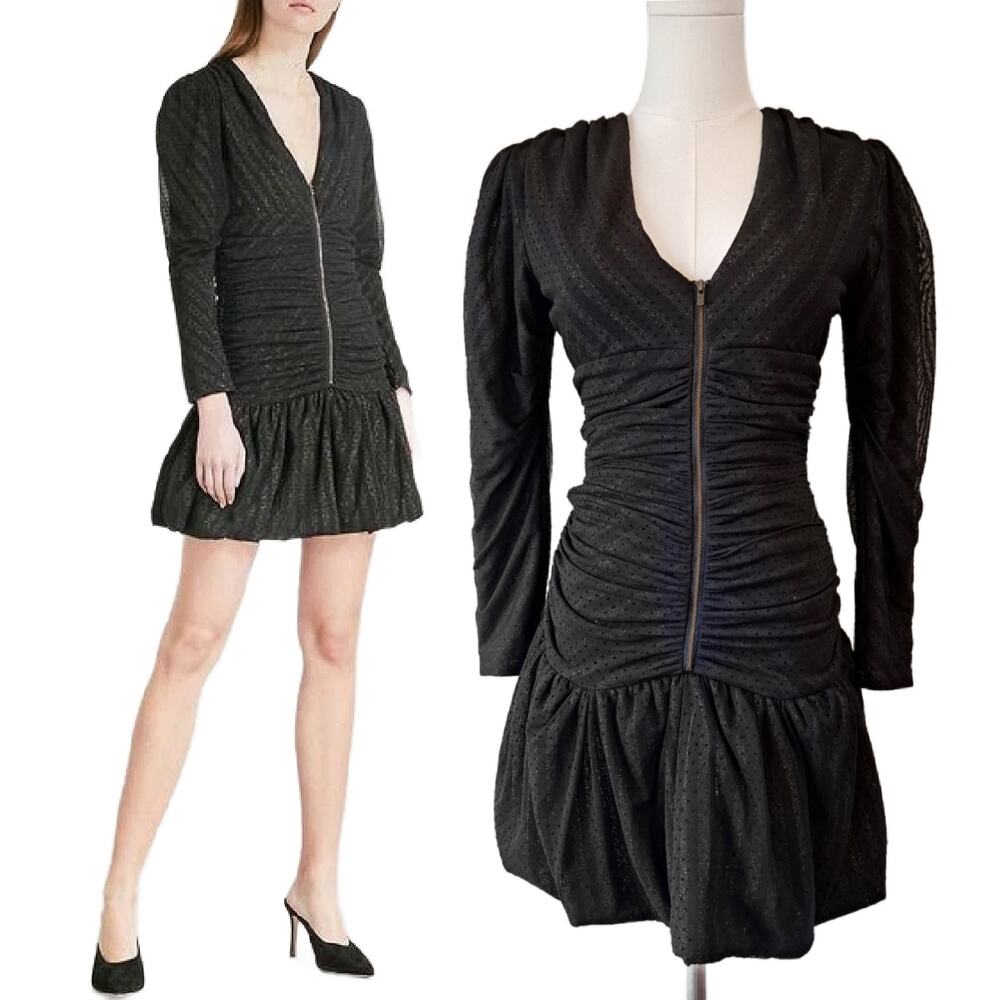 MAJE Ralone Black Polka Dot Mesh Mini Dress Sz 1 Small $570 Party Ruched